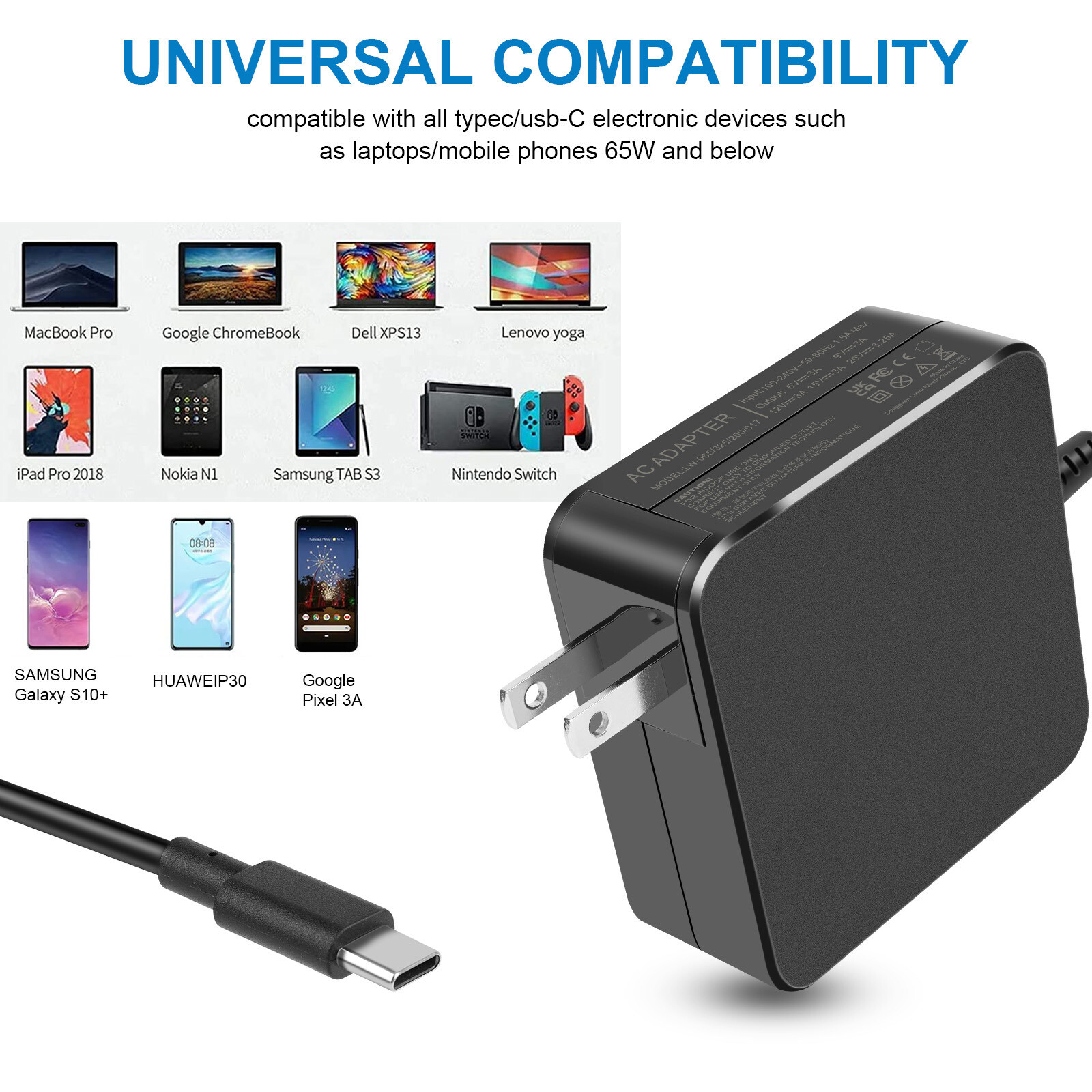 USB-C Type C Charger for Laptop Chromebook Tablet Phone PD 65W Universal Charger