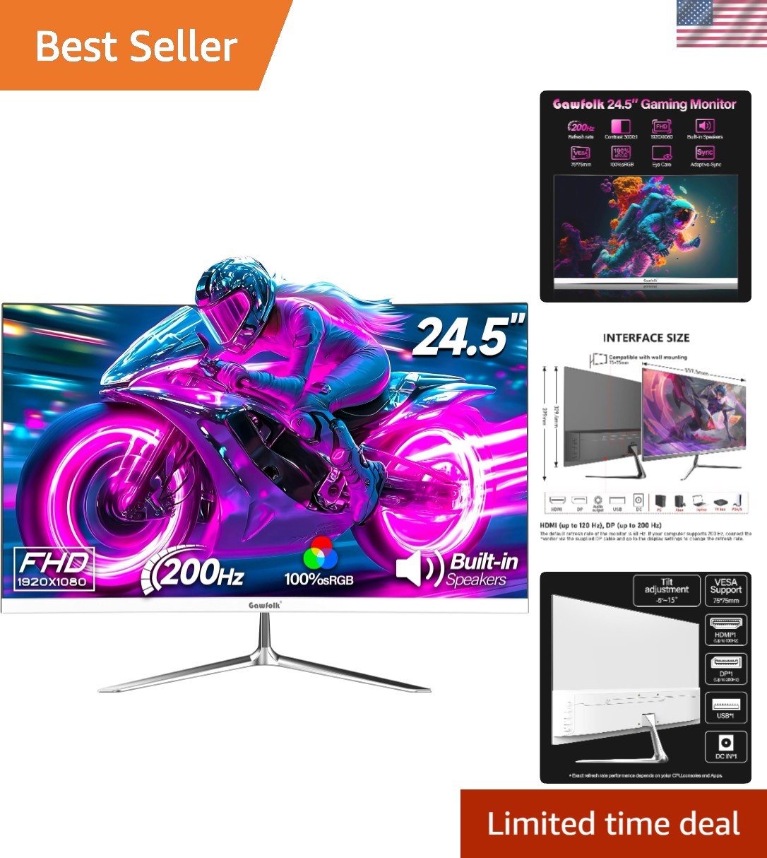 Gaming Monitor 24.5 Inch 200Hz Built-in Speakers, 180hz PC Monitor FHD 1080P …
