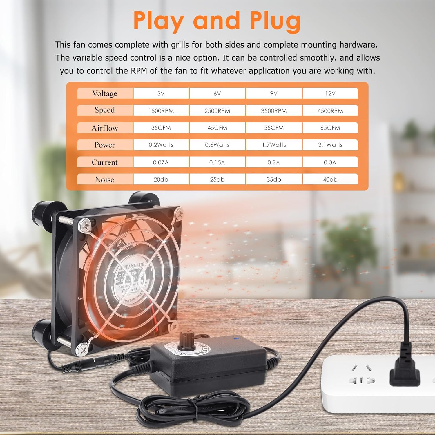 80Mm Small Computer Fan with AC Plug, 110V 120V 220V 240V Fan with Speed Control
