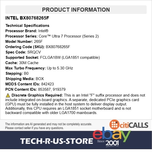 Intel BX80768265F Core Ultra 7 265F 2.4GHz 20-Core 30M LGA1851 Retail Box CPU