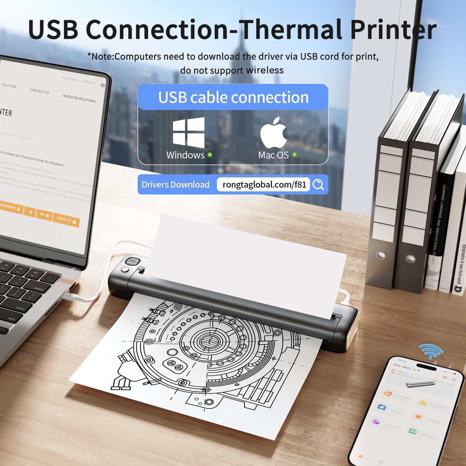 Wireless Mobile Printer A4 US Letter Travel Inkless Thermal for Car Truck Office
