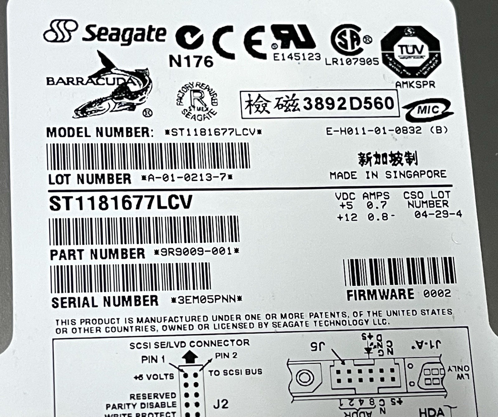 Seagate Barracuda 180 ST1181677LCV Ultra160 SCSI HDD