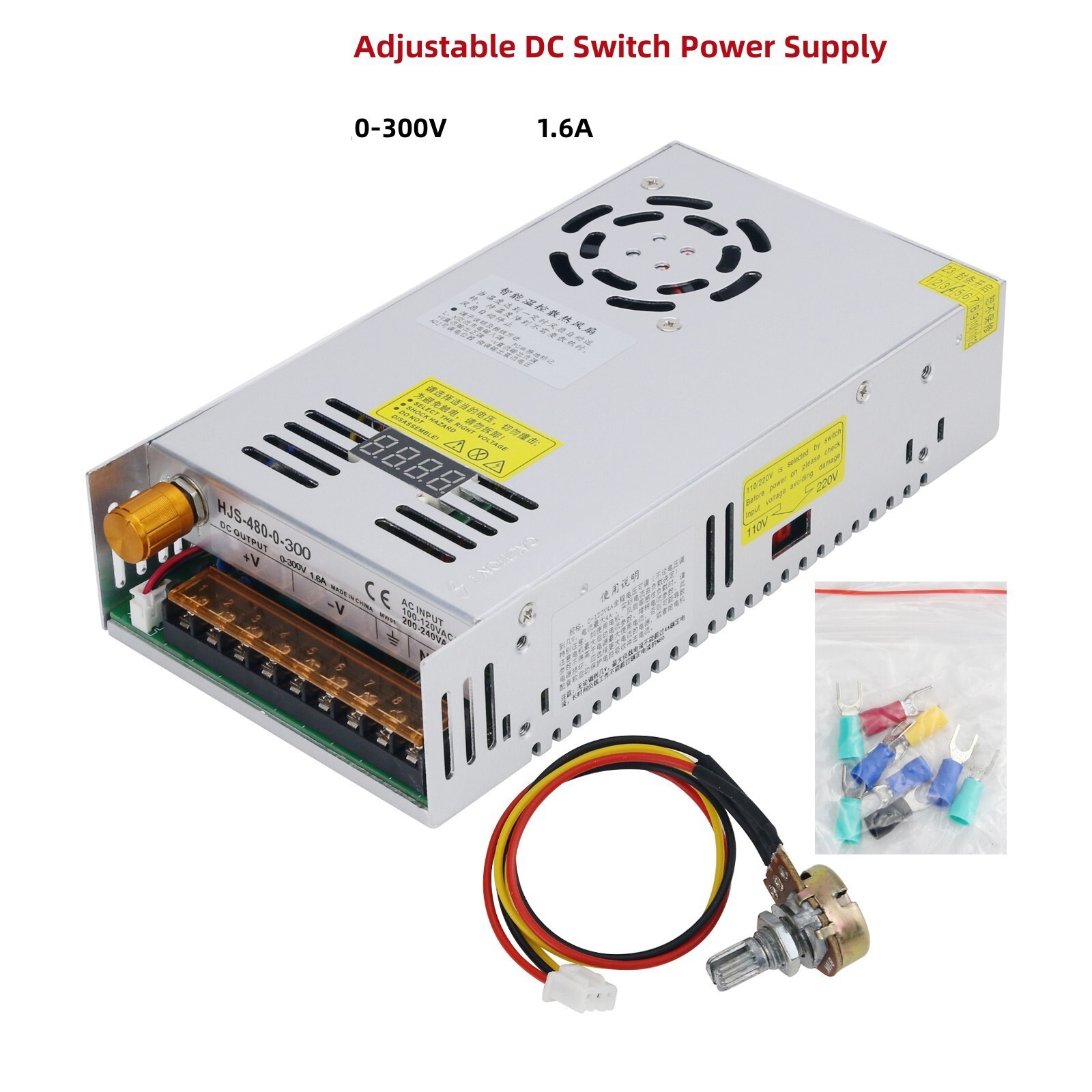 0-300V 1.6A Digital Adjustable DC Switch Power Supply with 0.28″ DC Voltmeter