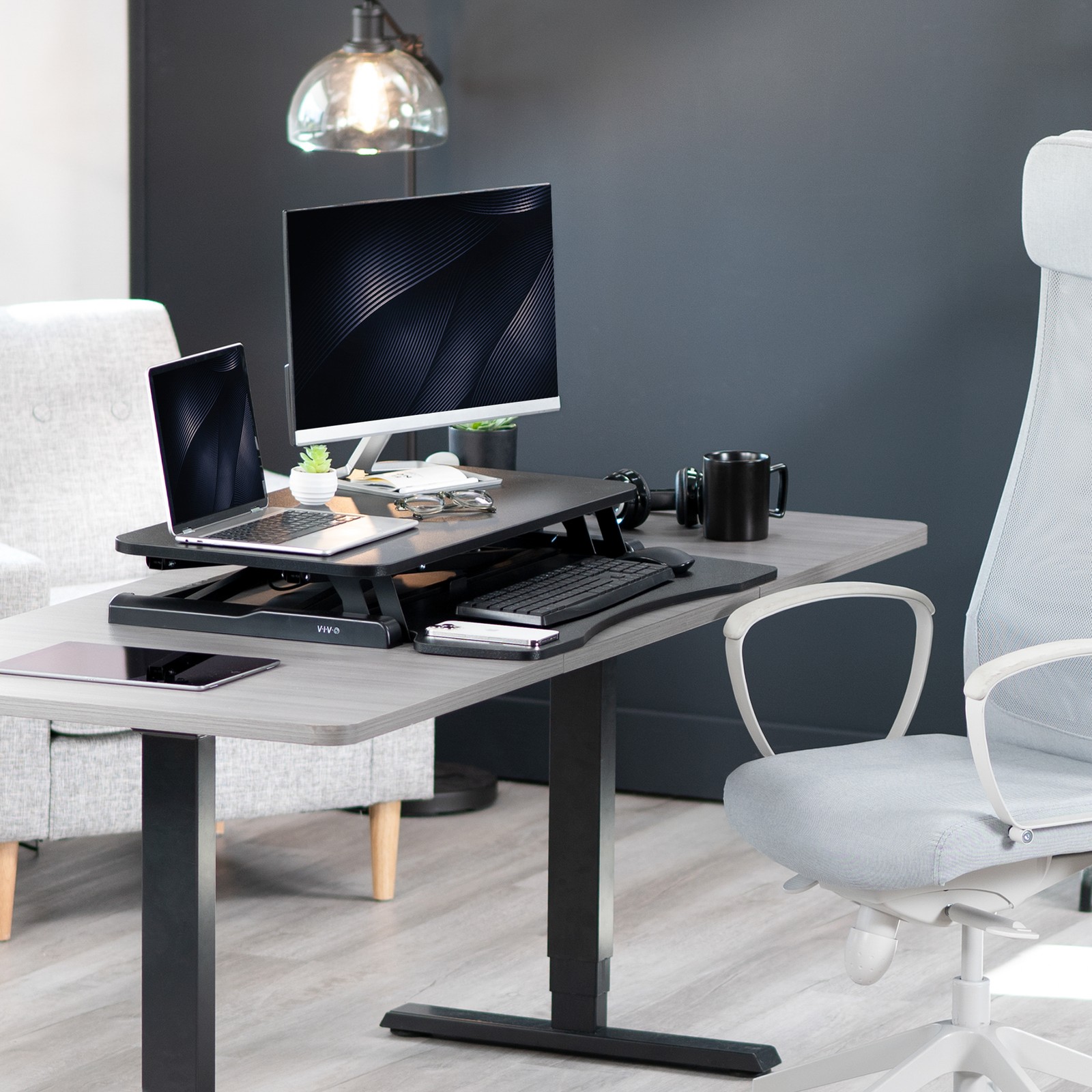 VIVO Black Height Adjustable Standing Desk Monitor Riser 32″ Sit Stand Tabletop