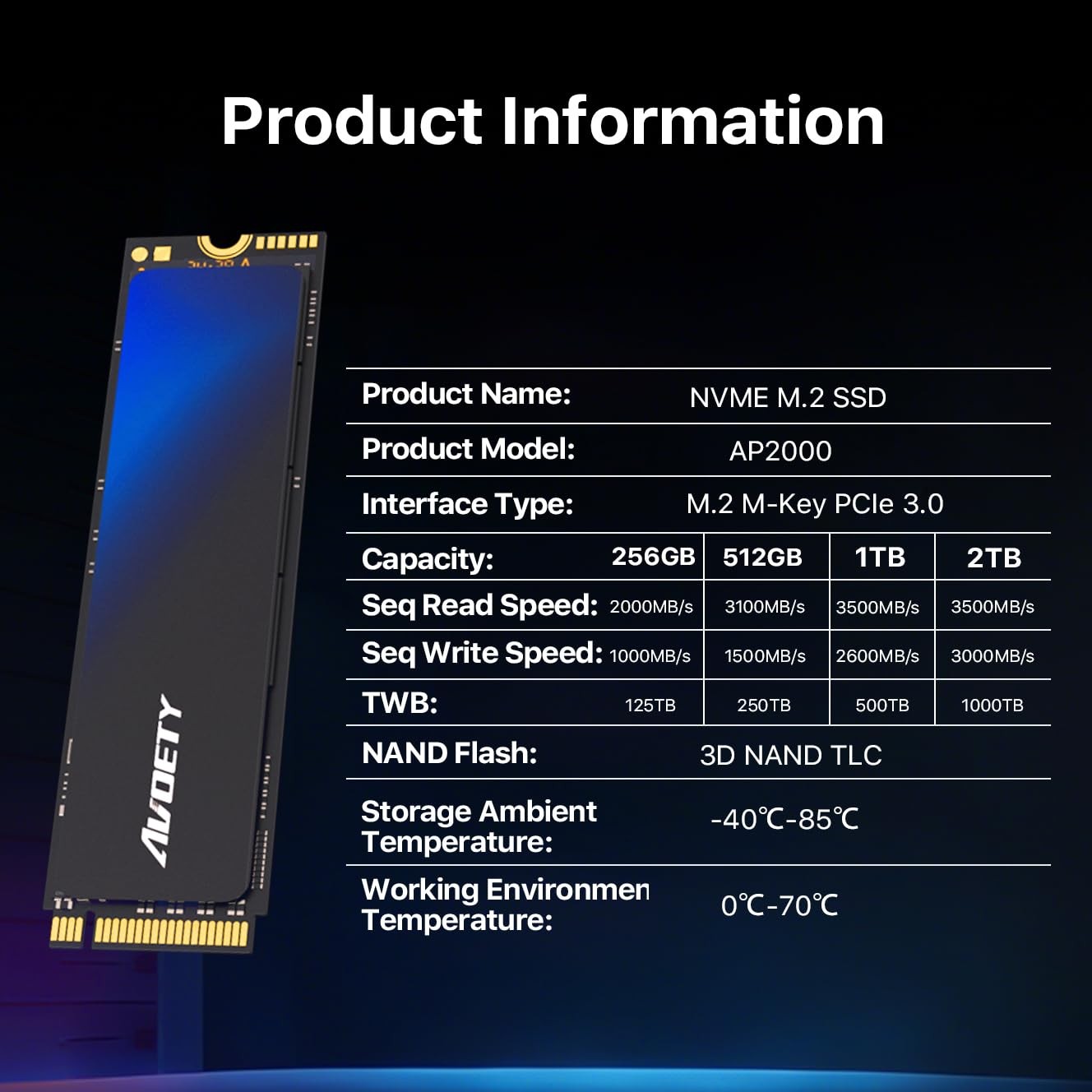 M.2 NVMe PCIe Gen3x4 SSD 1TB, Read Speed up to 3500MB/s, SLC Cache TLC 3D NAN…