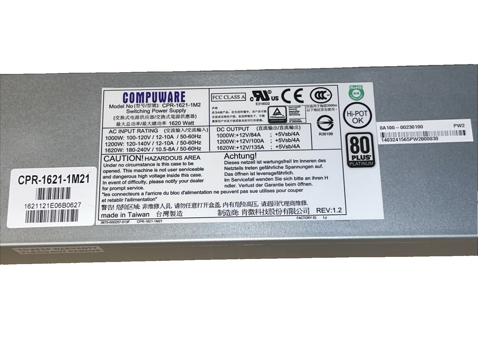 Compuware CPR-1621-1M21 1620W 1U 80+ PLATINUM 1xFAN HOT SWAP Power Supply