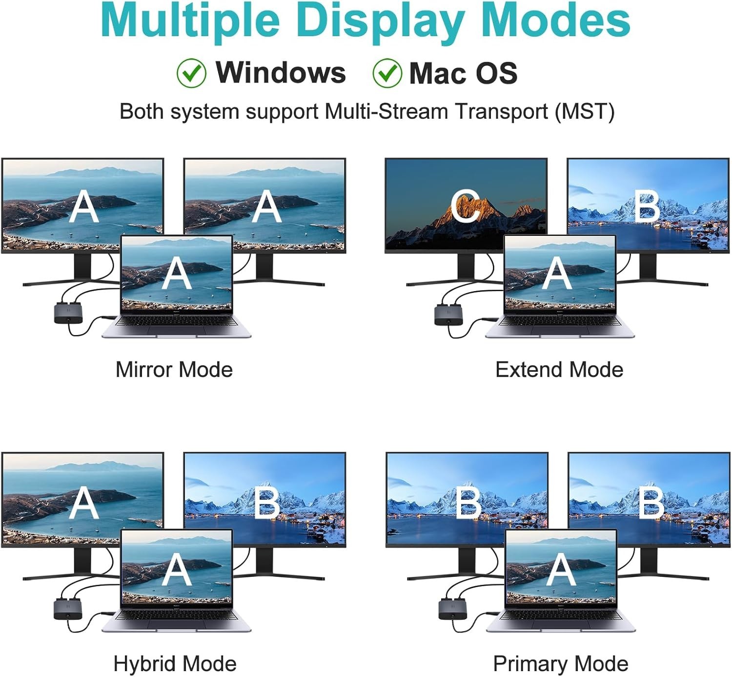 USB C to Dual HDMI Adapter 1080P 60Hz Multi-Monitor Splitter for Laptop/PC/Mac
