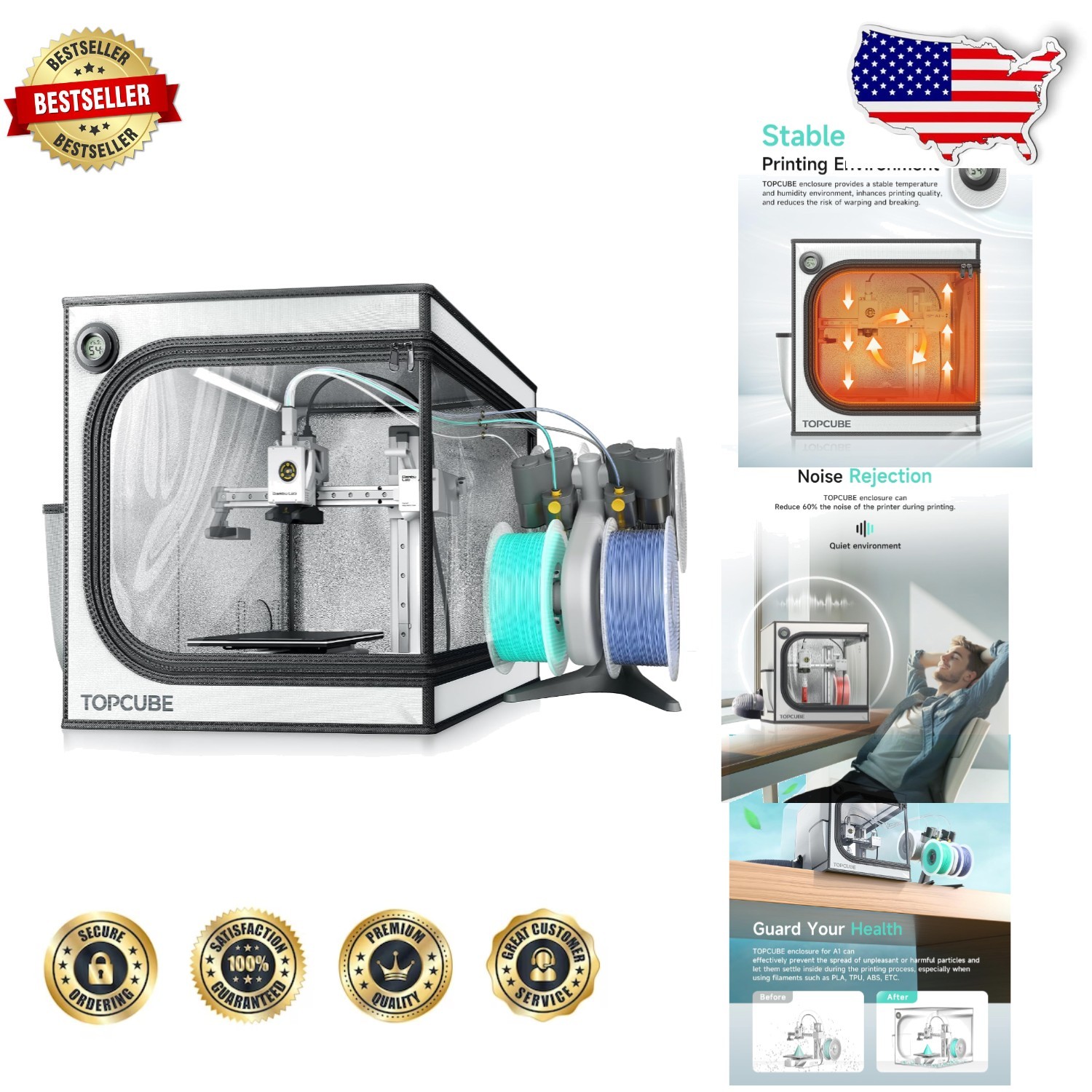 Bambu Lab 3D Printer Enclosure Fireproof Dustproof LED Light Large Window