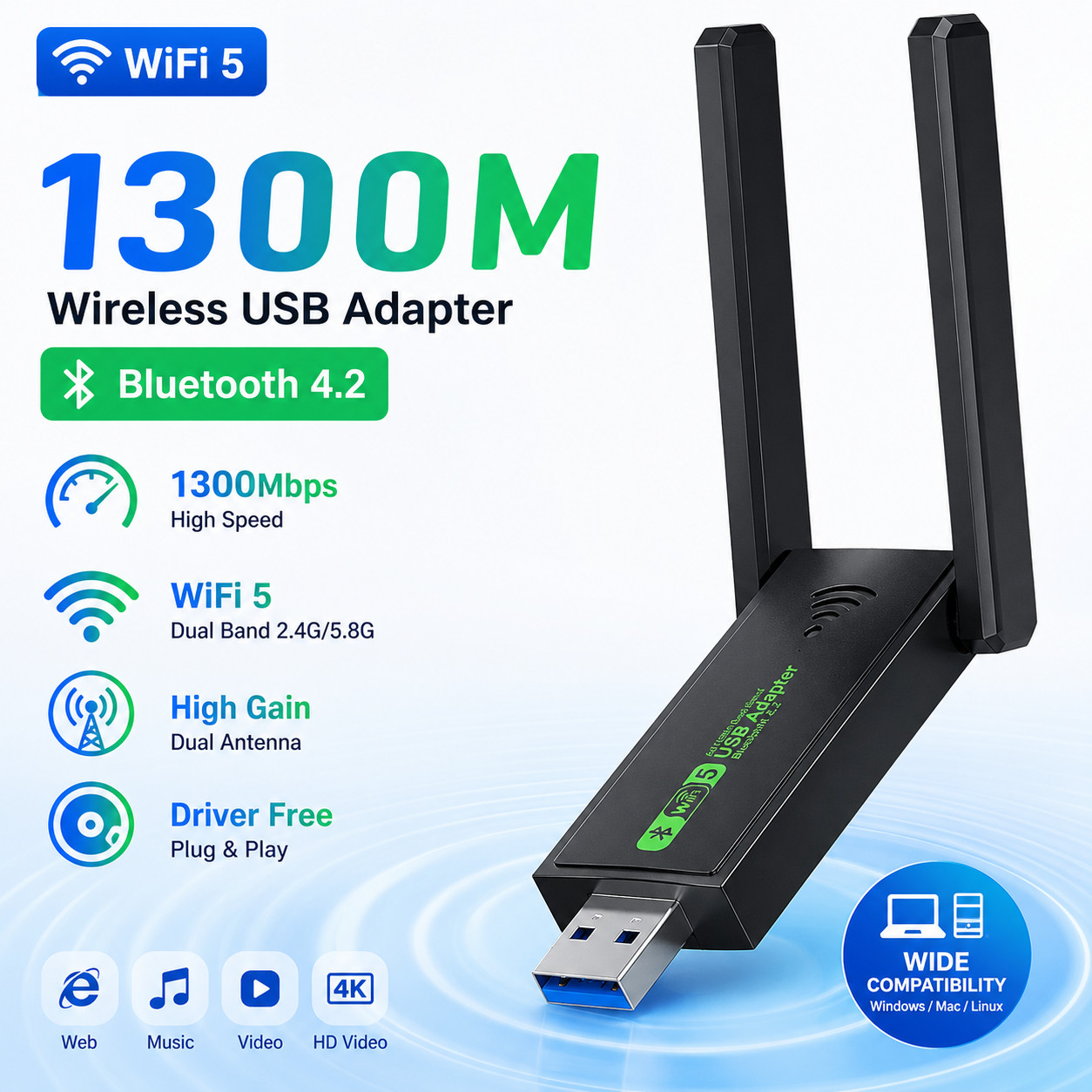 USB 3.0 Wireless WIFI Adapter 1300Mbps Long Range Dongle Dual Band 5Ghz Network