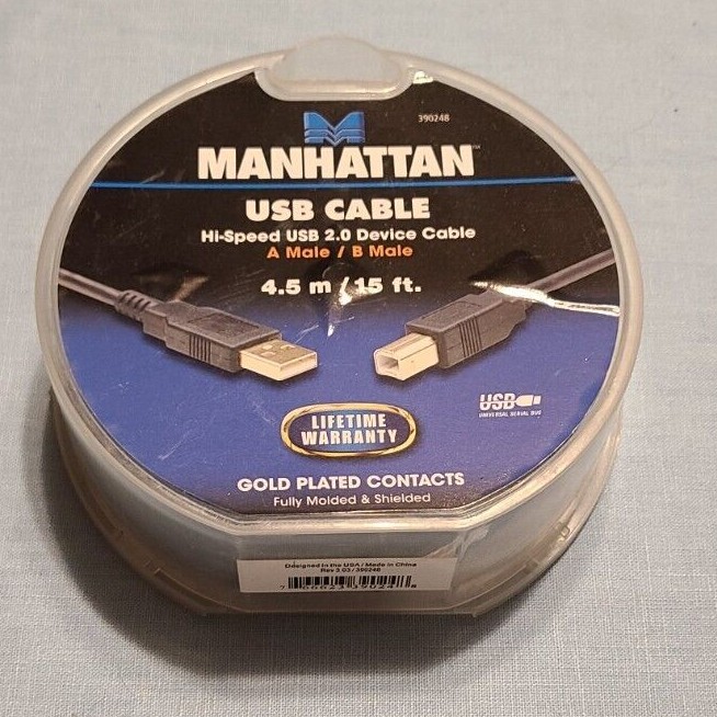 15 Ft. Manhattan Hi-Speed USB 2 Device Cable A Male B Male Gold plated contacts
