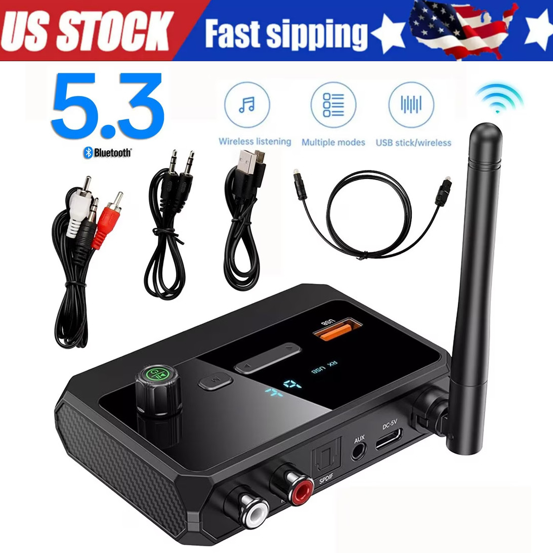 Bluetooth 5.3 Home Stereo Audio Receiver AUX USB Optical HD Music to RCA Adapter