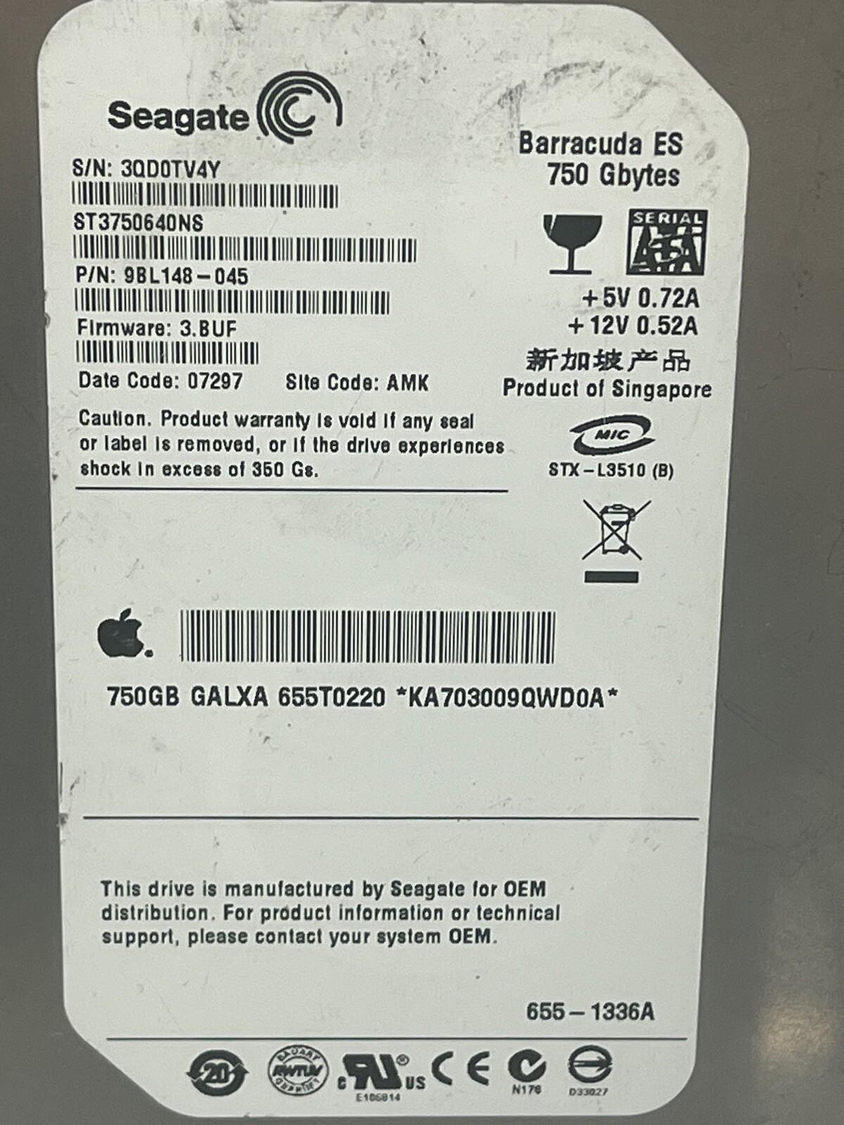ST3750640NS Seagate Barracuda ES Series 750GB 7200RPM SATA 3Gb/s 3.5″ Hard Drive