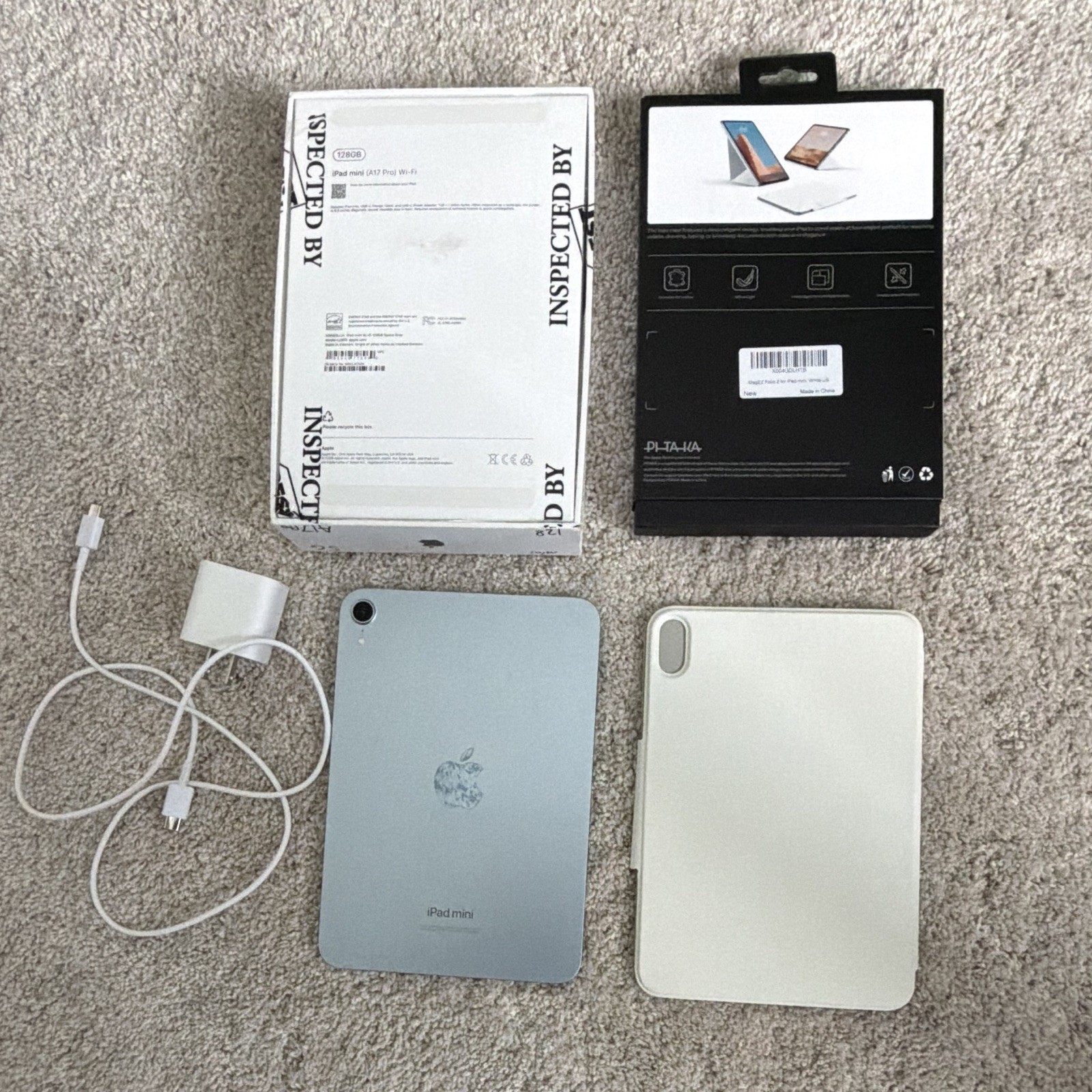 Bundle Apple iPad mini (A17 Pro) 8.3in 128GB Wi‑Fi Blue w/ Case, USB‑C Charger.