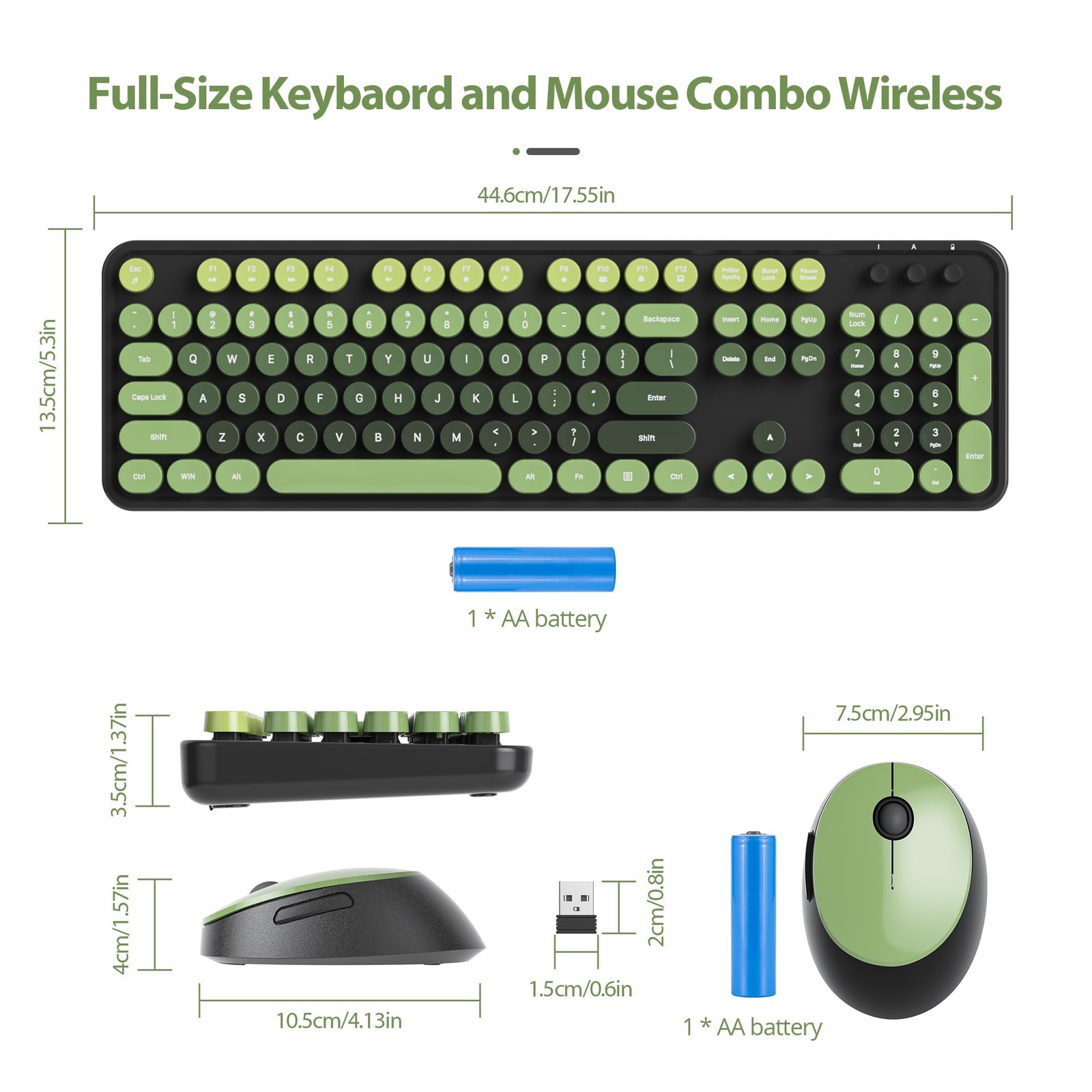 Wireless Keyboard Mouse Combo 2.4GHz Typewriter Round Keycaps Dark Green