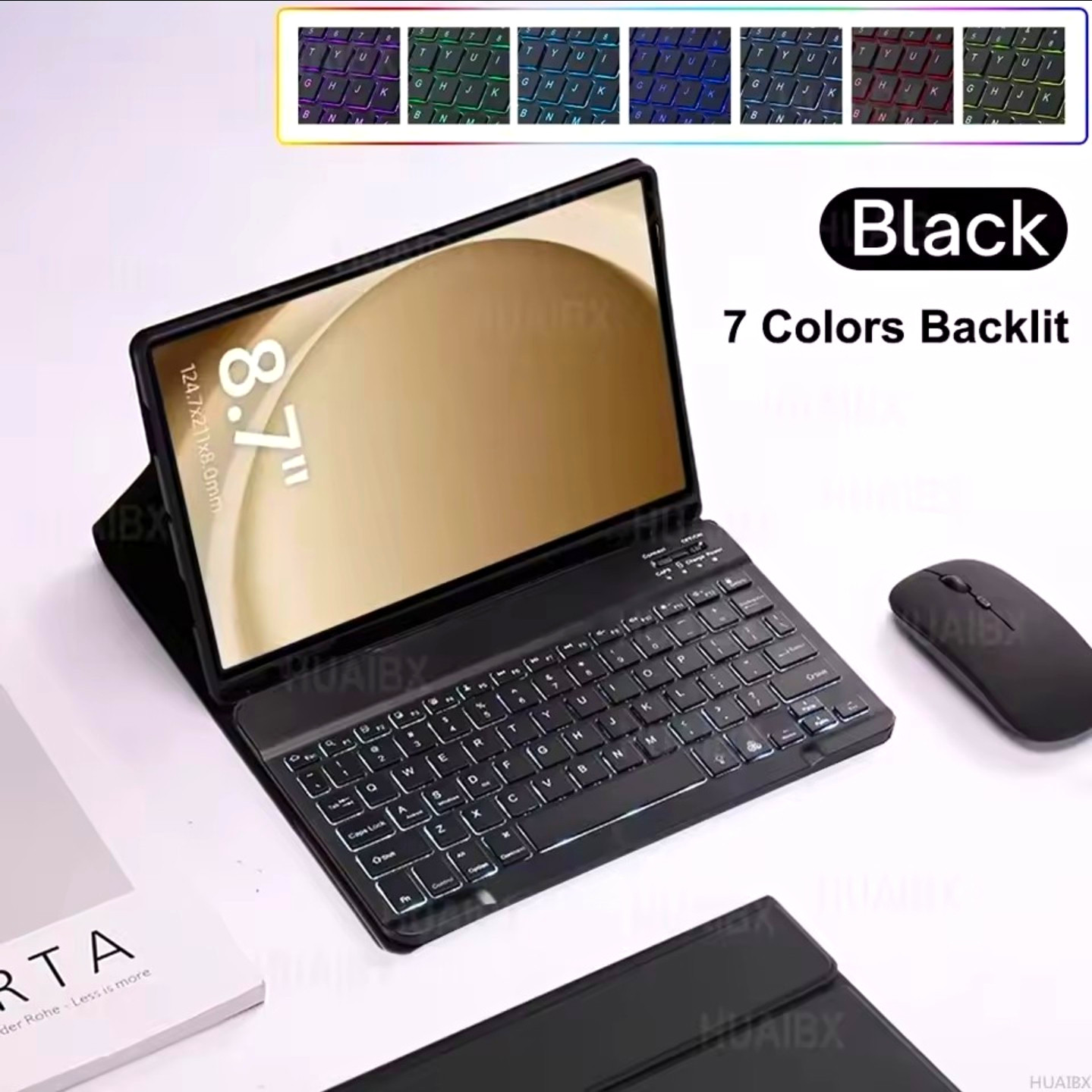 Black 8.7 in Tablet Keyboard Folio Case w/ 7-Color Backlit Keyboard