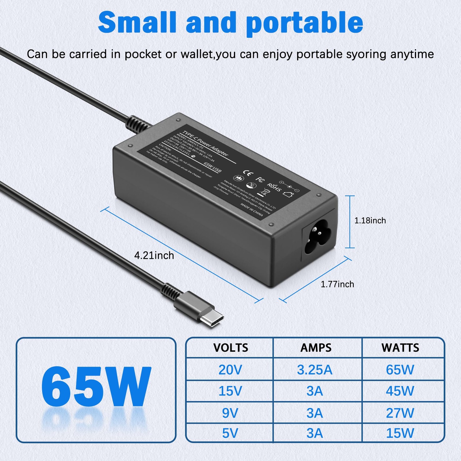 65W USB C Laptop Charger Input 100-240V Output 20V-3.25A – Compatible