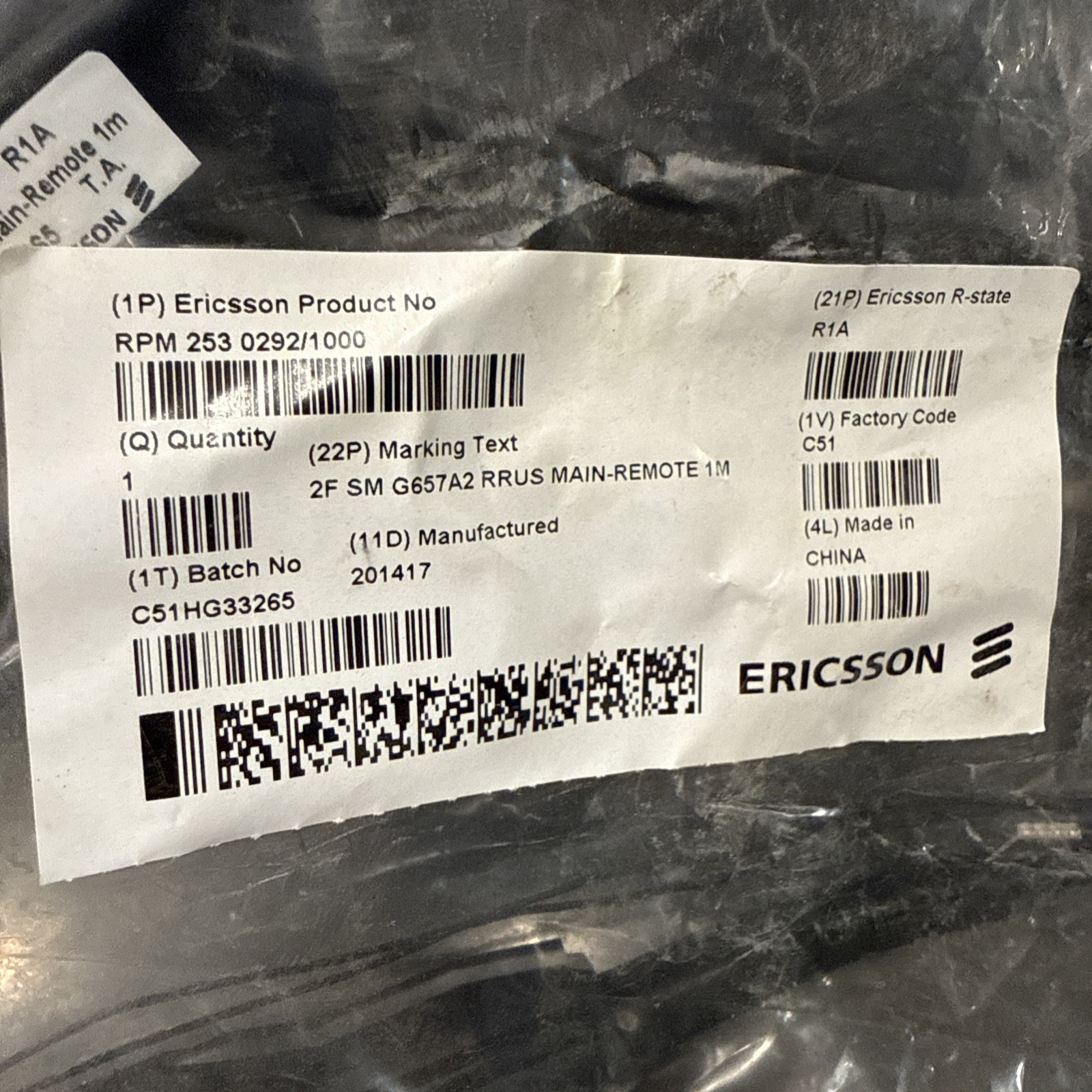 Ericsson RPM 253 0292/1000 1M Cable 2F SM G657A2 RRUS Main Remote