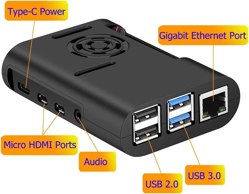 Raspberry Pi 4 Model B Case – Black ABS with Cooling Fan & Easy Install Features