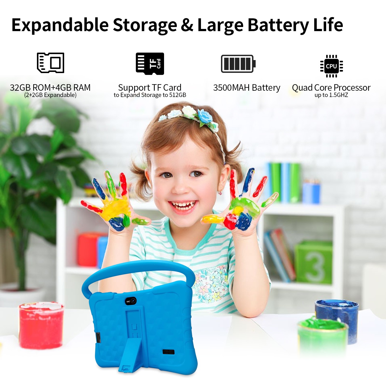 PRITOM Kid Tablet 7 inch Android Tablet 4GB(2+2)+32GB Bluetooth WiFi Dual Camera