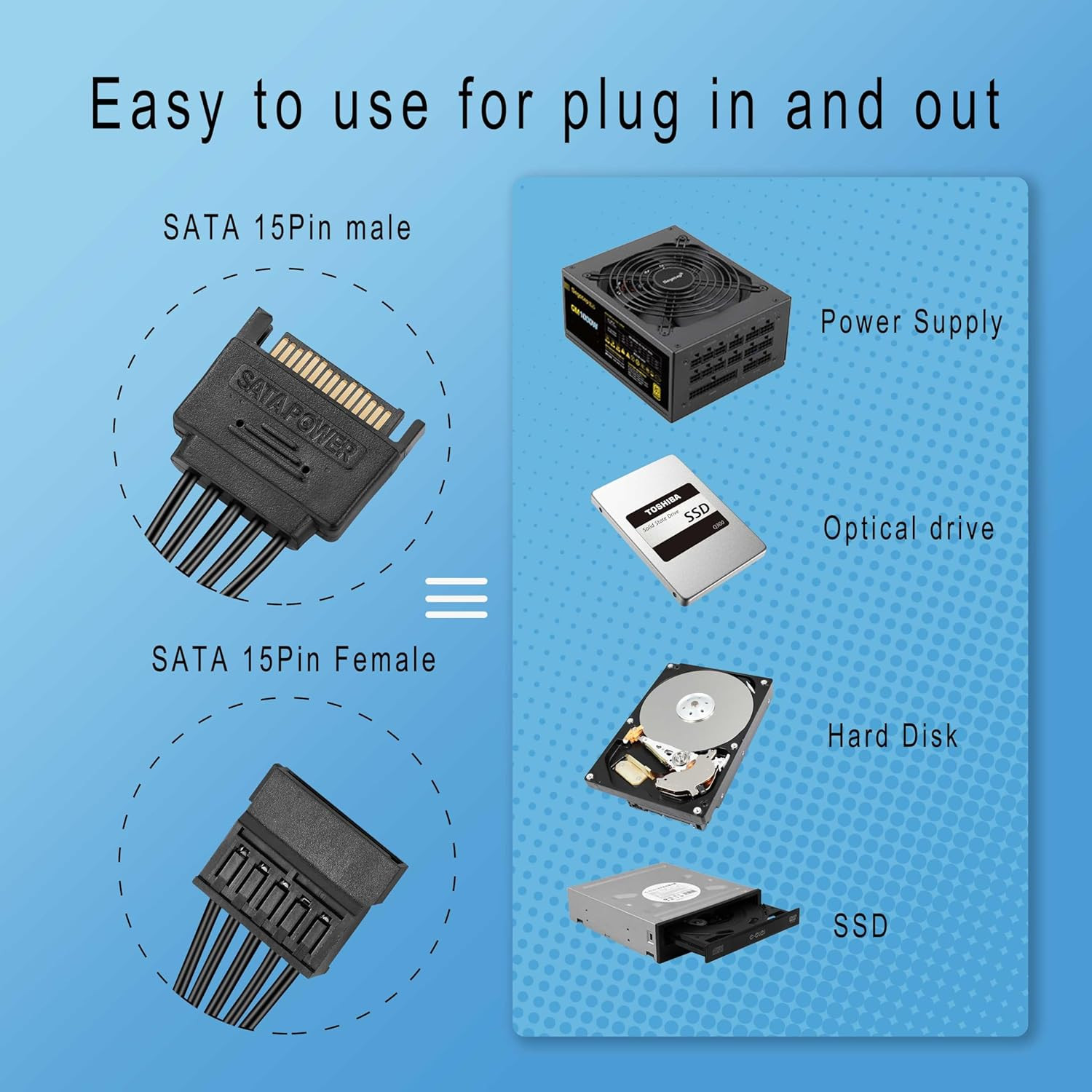 Sata Power Splitter Cable 5.5 Inches, 6 Way, Black, 15 Pin SATA Cable 1 to 6 for