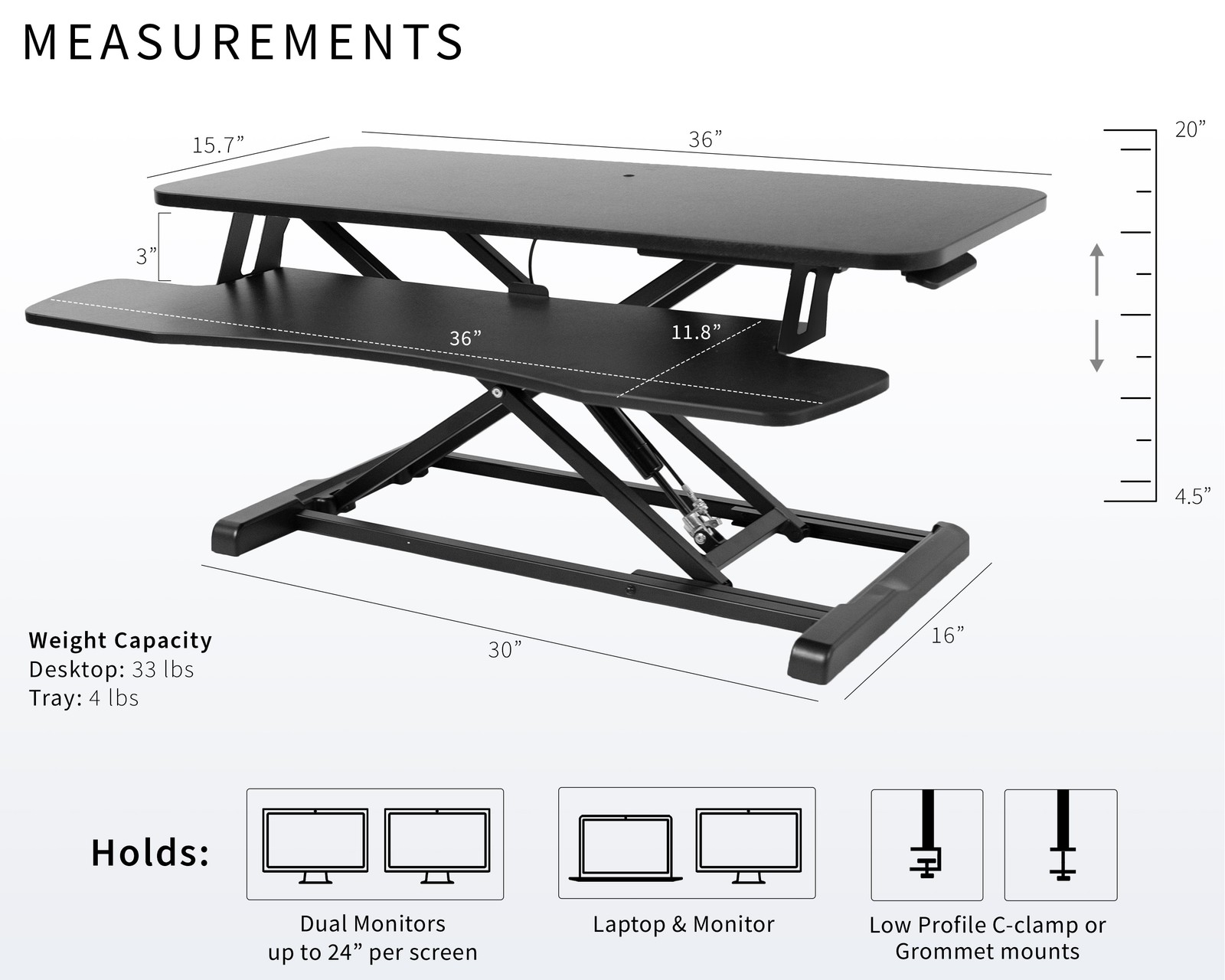 VIVO Black Height Adjustable 36″ Standing Desk Monitor Riser, Sit Stand Tabletop