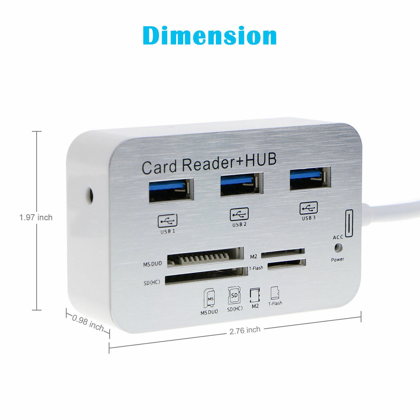 US Aluminum 3 Port USB 3.0 Hub MS SD M2 TF Multi-In-1 Memory Card Reader Adapter
