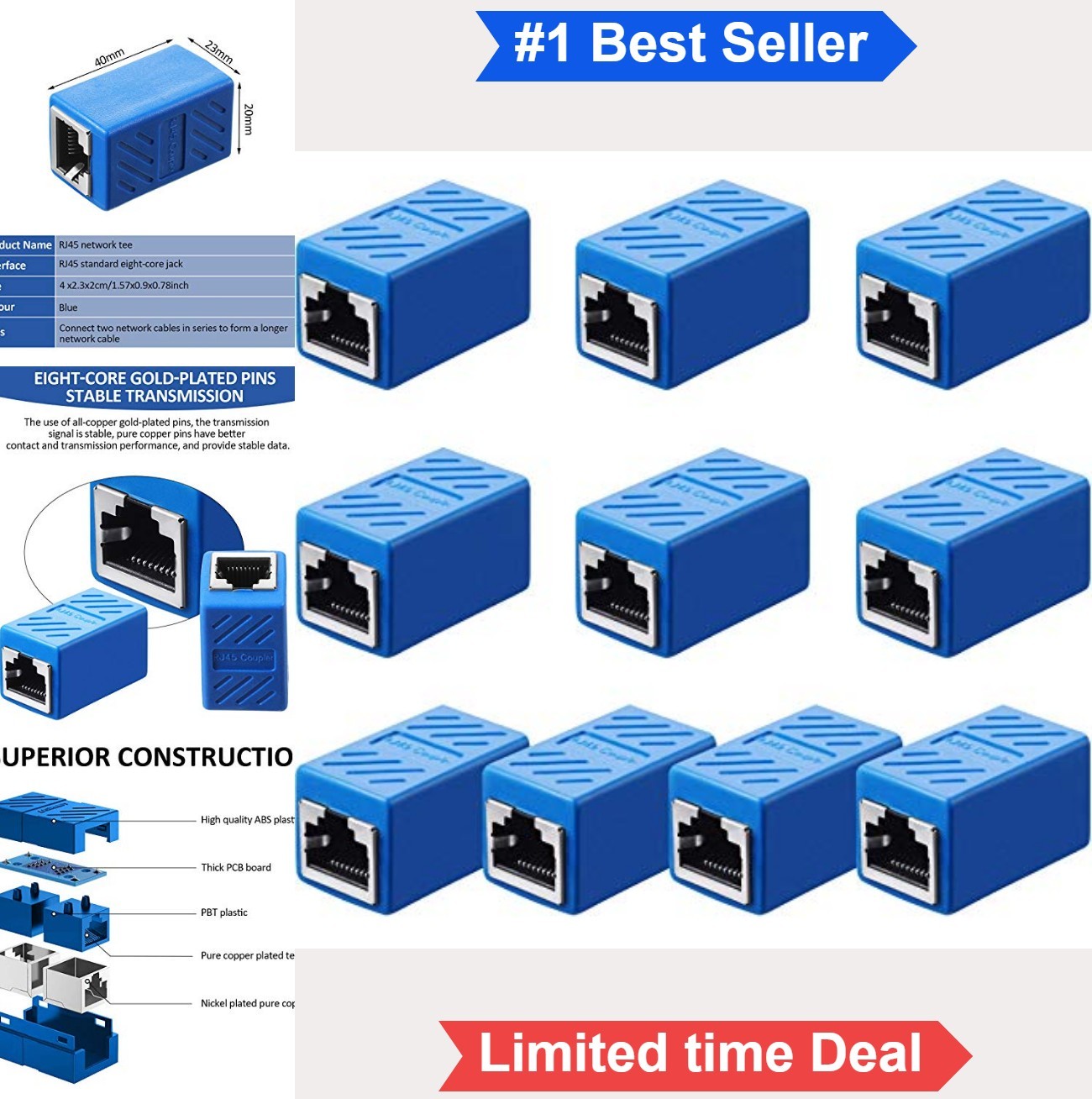10 Pack RJ45 Coupler Ethernet Extension Adapter Cat6 Cat5e Cat7 Female to