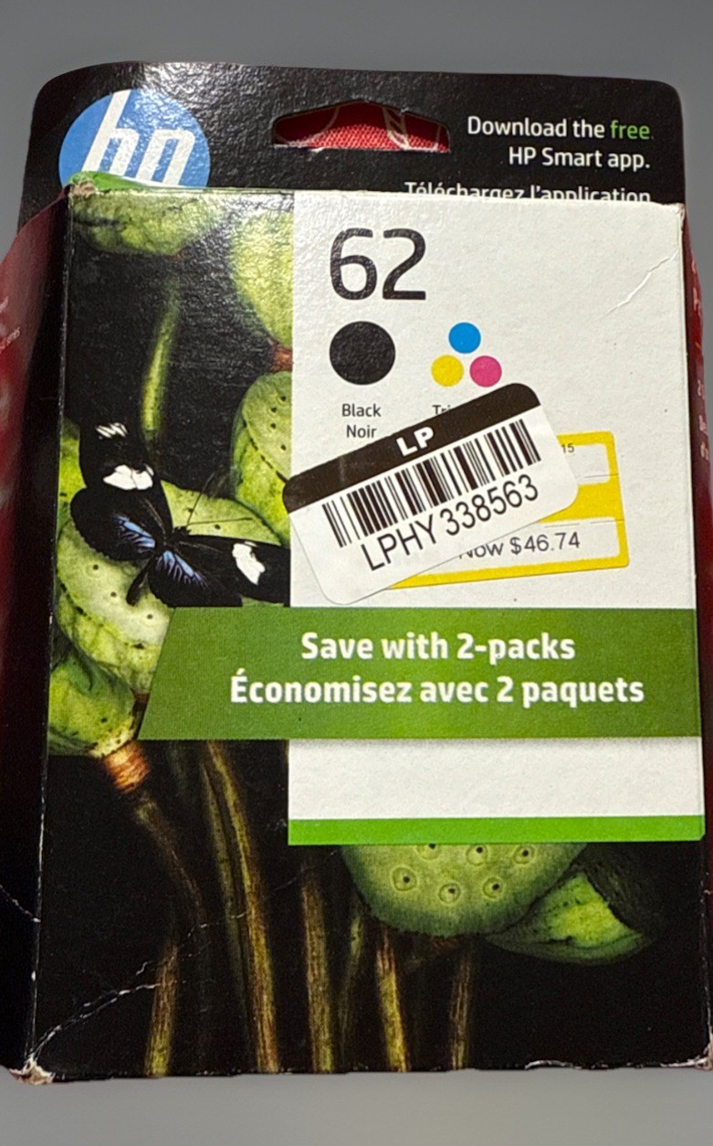 HP 62 2-pack Black/Tri-color Original Ink Cartridges, N9H64FN#140