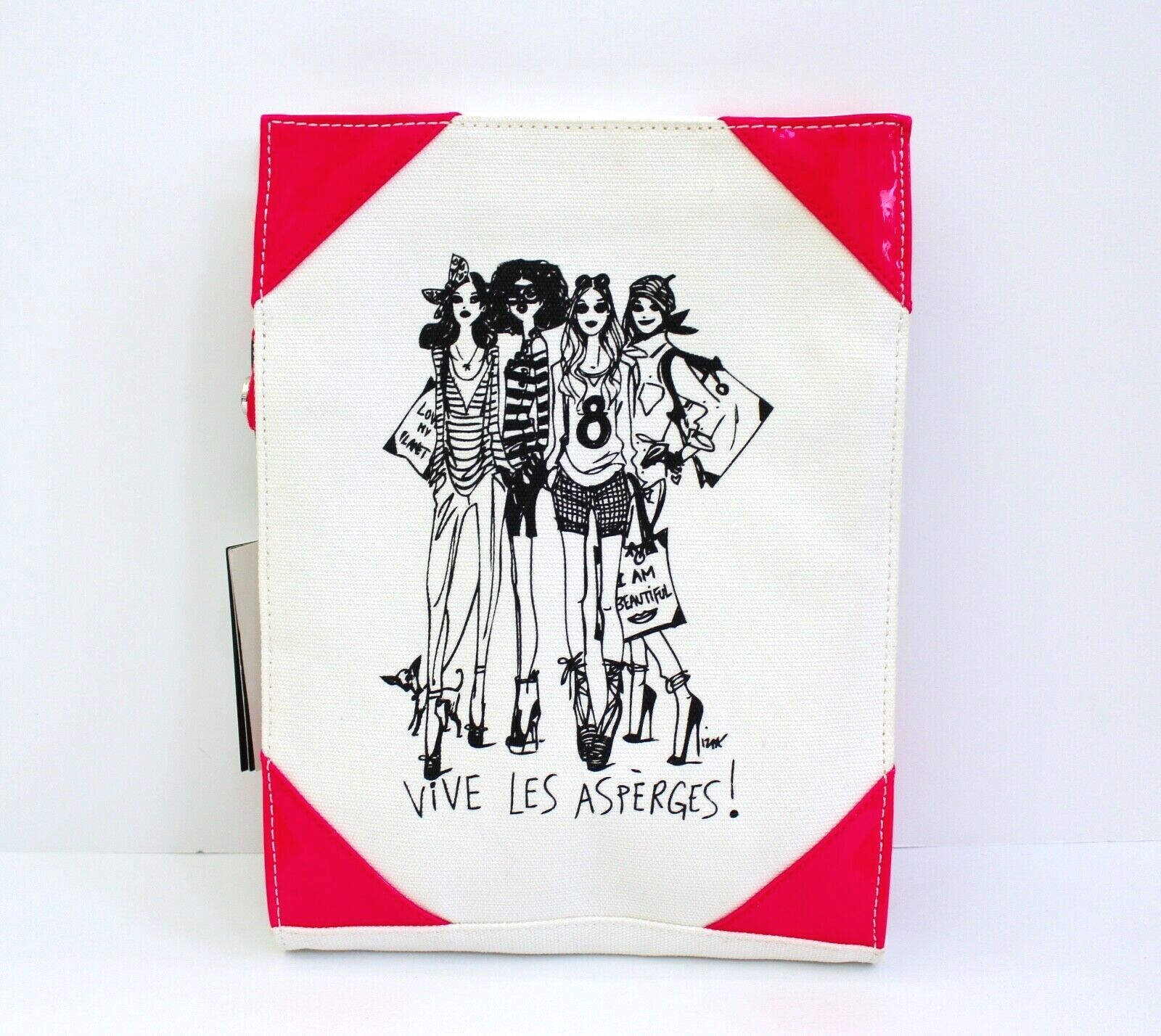Izak Zenou Vive Les Asperges! Canvas Zip Tablet Case Sleeve White/Hot Pink NWT