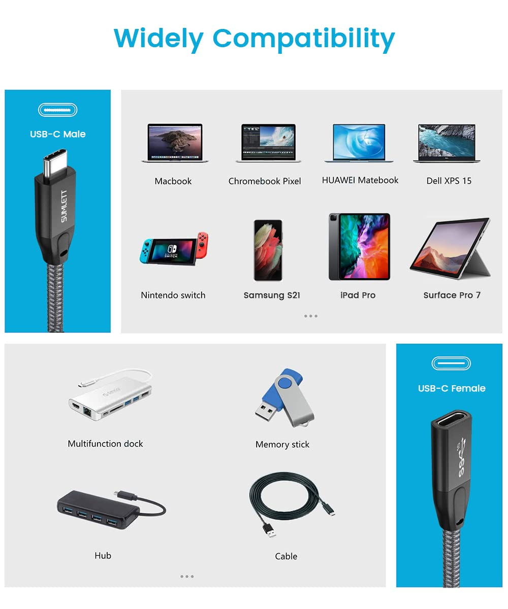 USB C Extension Cable, (2Ft/0.6M) USB 3.1 Gen 2 Type C Male to Female Extender C
