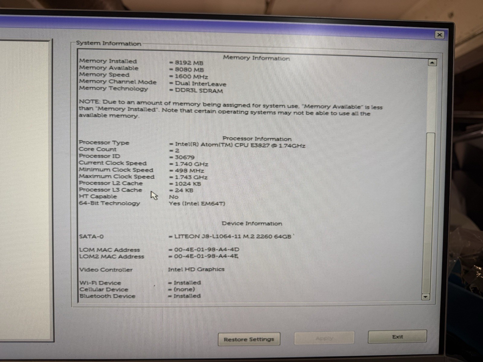 DELL EDGE GATEWAY 5000 INTEL ATOM E3827 1.74GHZ 8GB RAM 64GB SSD w/ PWR