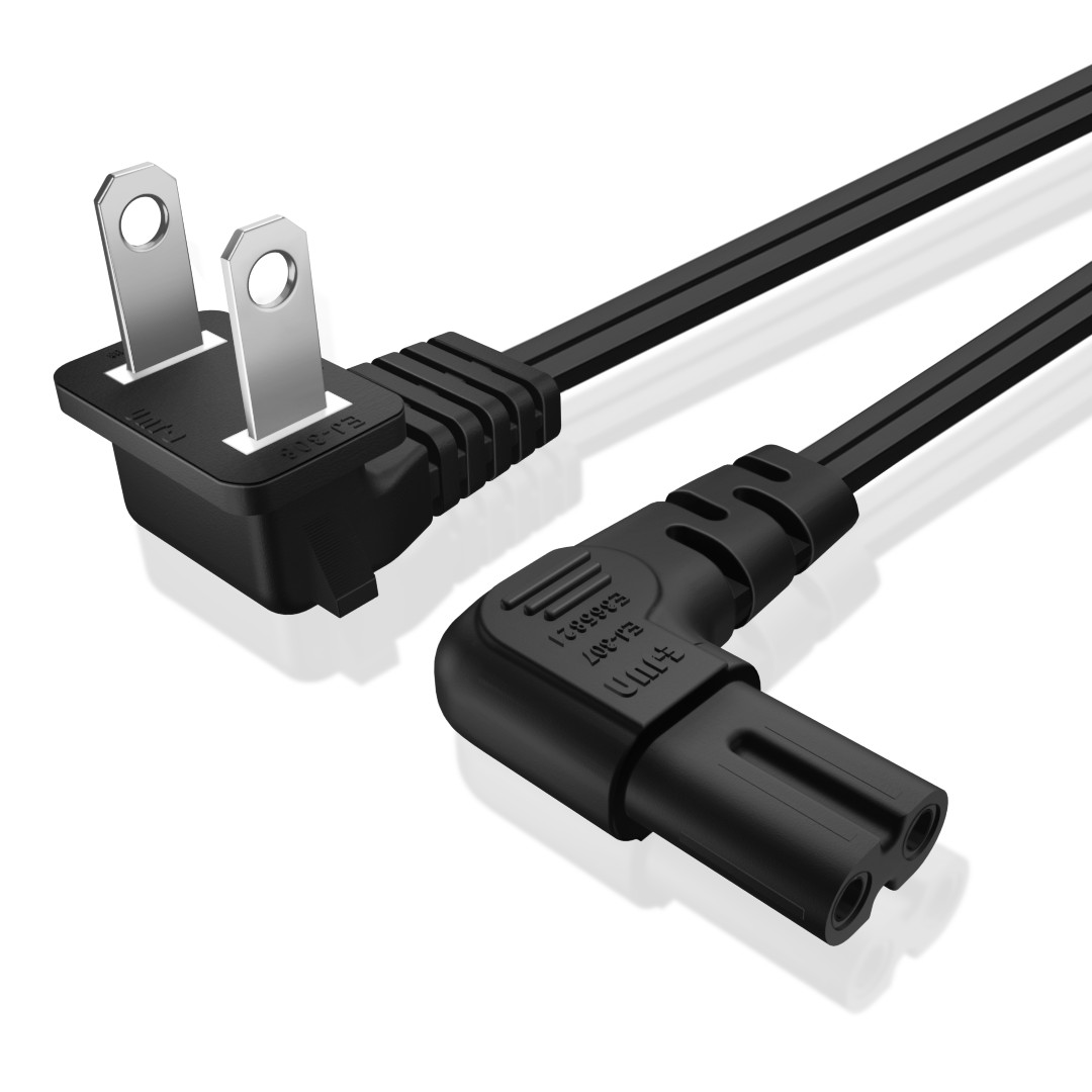 2 Prong Power Cord NEMA 1-15P to IEC320 C7 Right Angle Power Cable, 15ft, Black