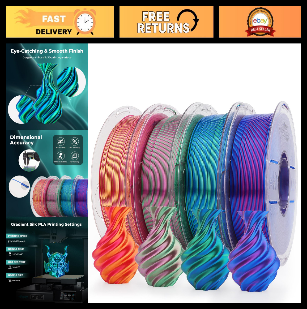 Silk PLA 3D Printer Filament Bundle – Shiny Dual Color, 1.75mm, Multi-Color Chan