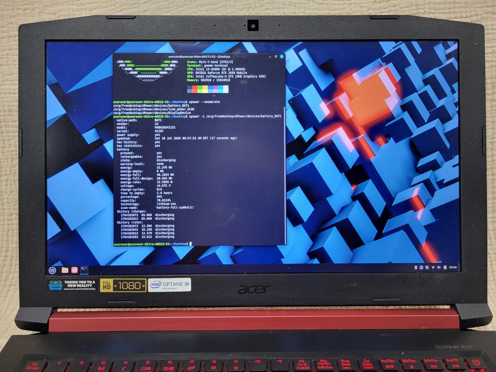 Acer Nitro AN515-53 Intel i5-8300H 2.30GHz NVIDIA GeForce GTX 1050 16 Gb 612Gb