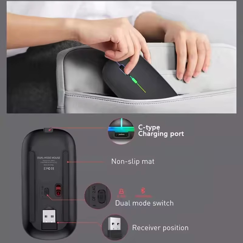 Rechargeable Wireless Mouse Bluetooth 2.4G RGB Silent Ergonomic for PC