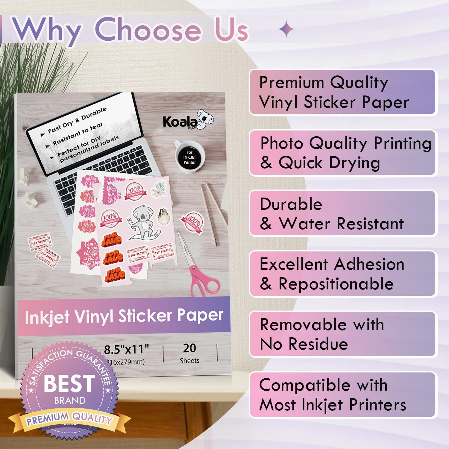 Koala Vinyl Sticker Paper fo Inkjet Glossy White Waterproof Sticker Paper 8.5×11
