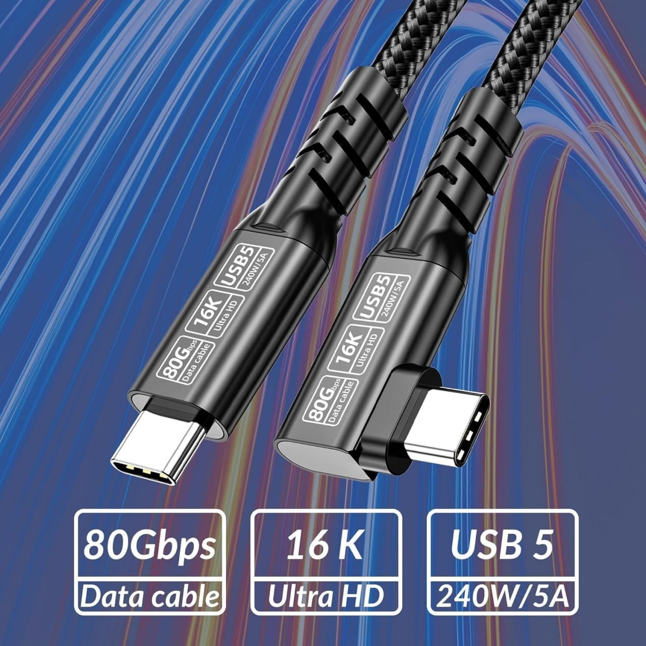 Thunderbolt5 Cable 4ft1.2M,USB4 C to C 90Degree Angle 80Gbps Braided Data Hig…