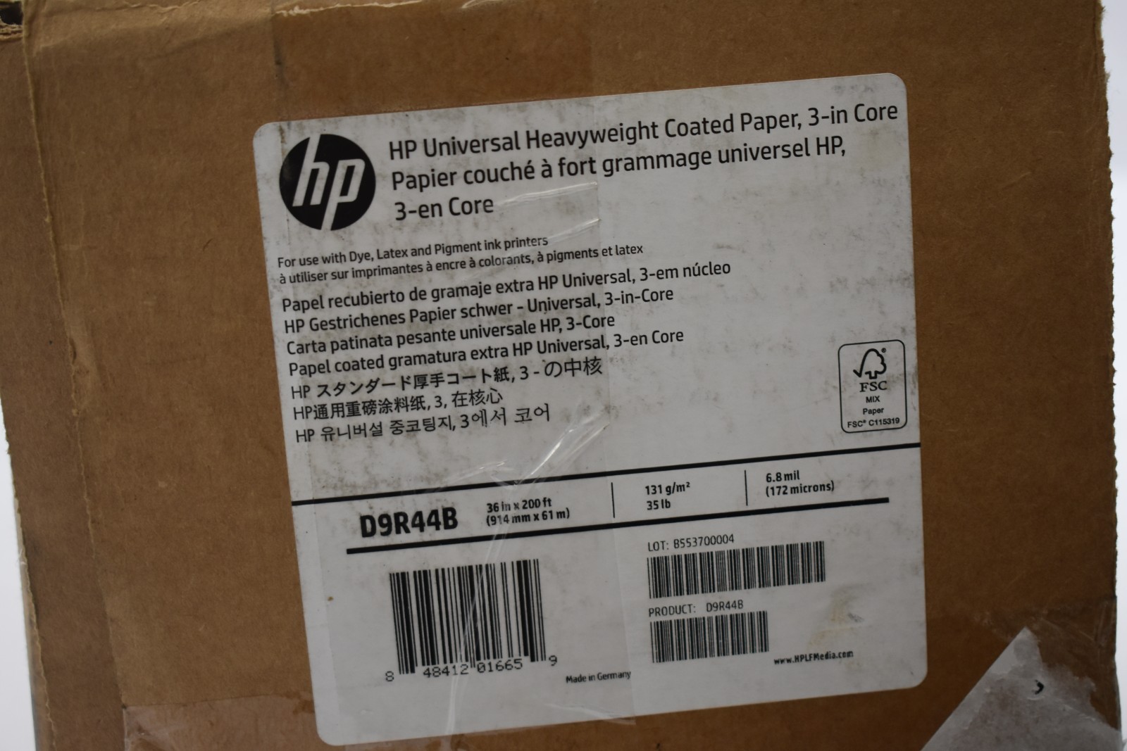 HP Universal Heavyweight Coated Paper 9″ Core 36″ x 200 ft Paper Roll D9R44B