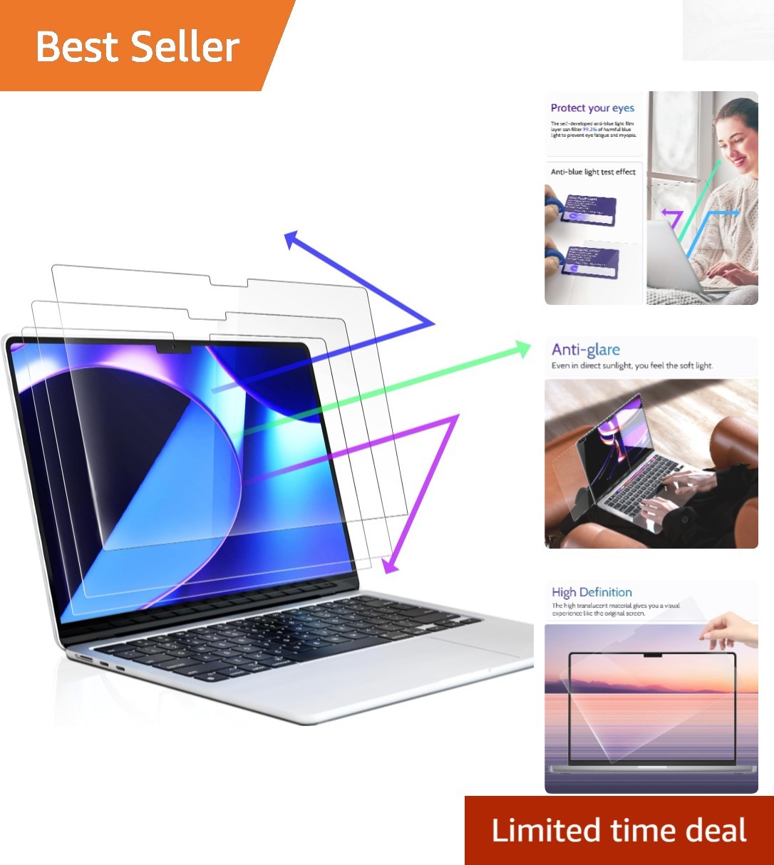 3-Pack Anti Blue Light Screen Protectors for MacBook Air 13.6″ (2022-2026)