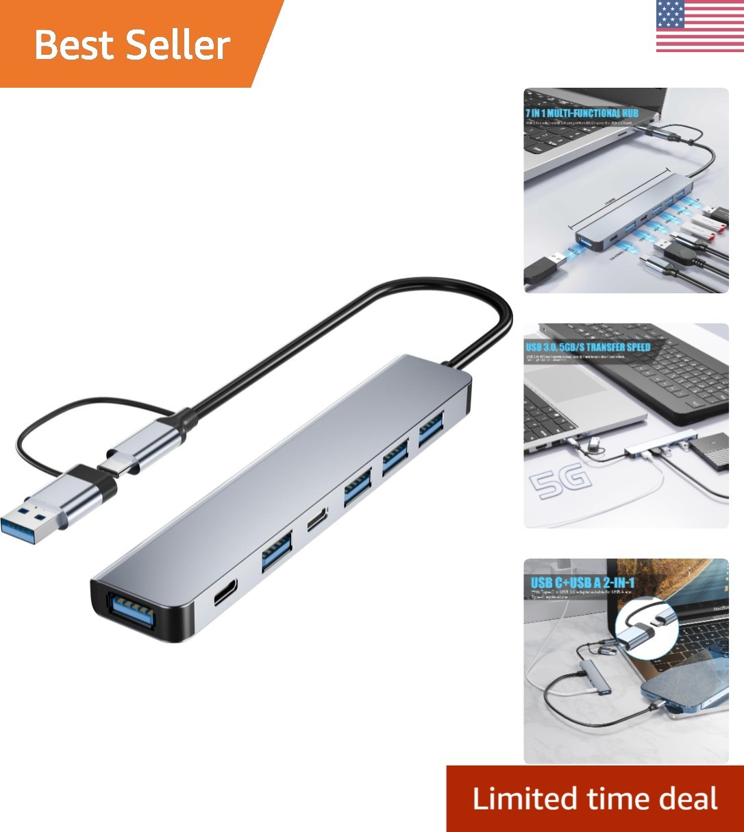 Aluminum 7 in 1 USB C Hub – High-Speed Data Transfer for Multiple Devices