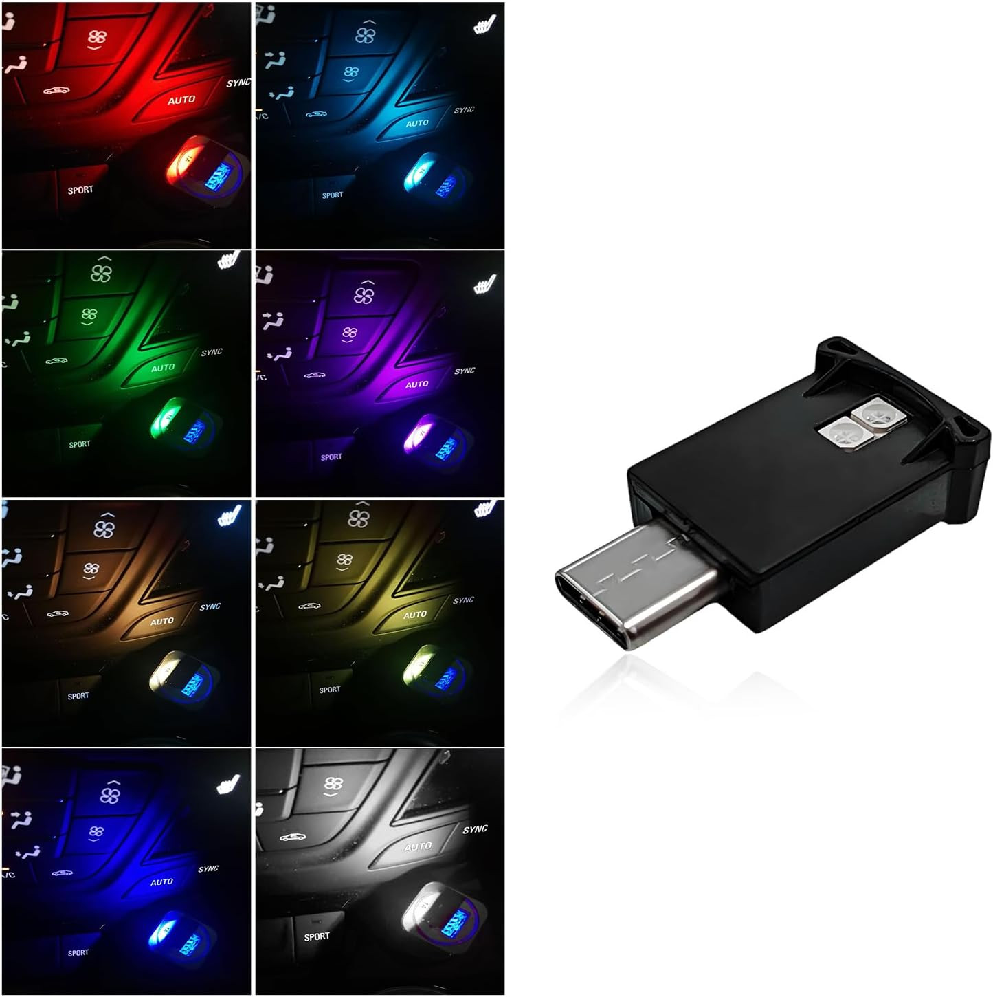(1PC) RGB Car LED Interior Ambient Light USB Type C Smart Atmosphere Lamp 8 Co