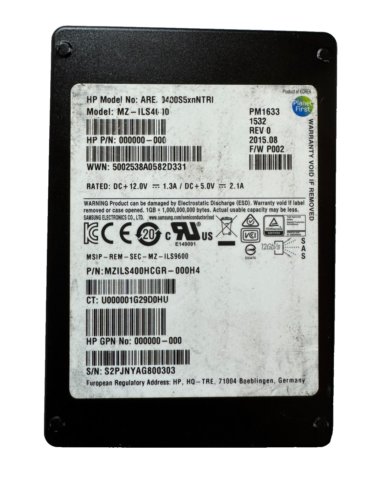 HPE SAMSUNG PM1633 400GB 2.5″ SAS SSD 12Gbps/512b/s/Good Health-78-88%