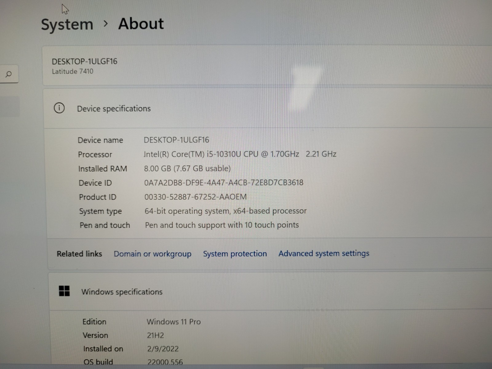 Dell latitude 7410 14″ touch i5-10310u 1.7ghz 8gb ram 512gb ssd w11p 84VYY33