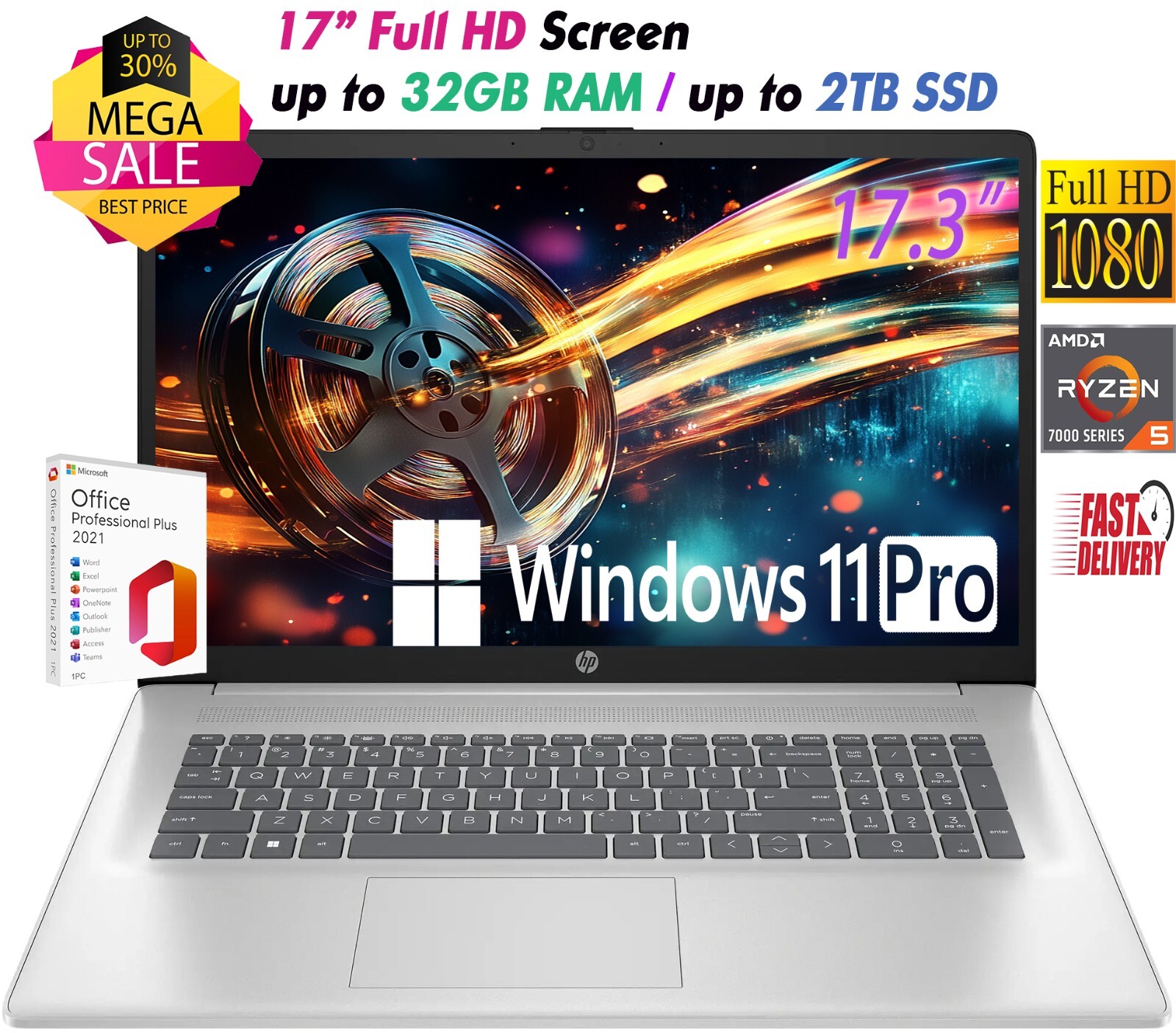 HP Laptop 17.3 FHD 6-Core Ryzen 5 7430U Upto 32GB RAM & 2TB SSD Win11 PRO+OFFICE