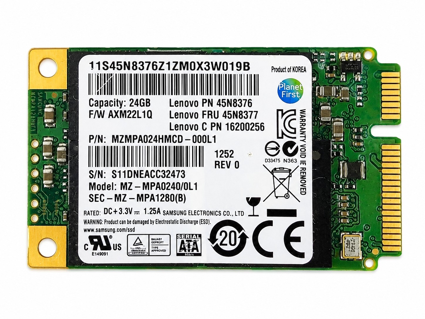 Samsung 24GB mSATA SSD MZ-MPA0240/0L1 Lenovo 45N8377 45N8376 Tested