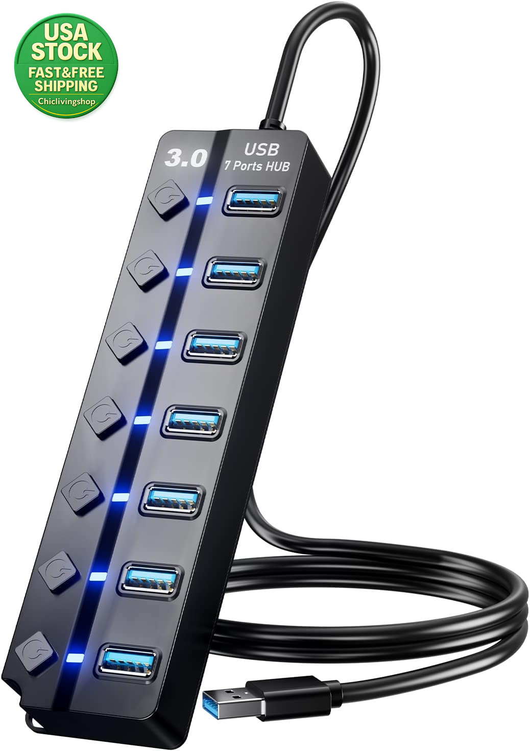 USB 3.0 Hub 7-Port Splitter 3Ft Cable Compatible with Laptop PC Surface Pro