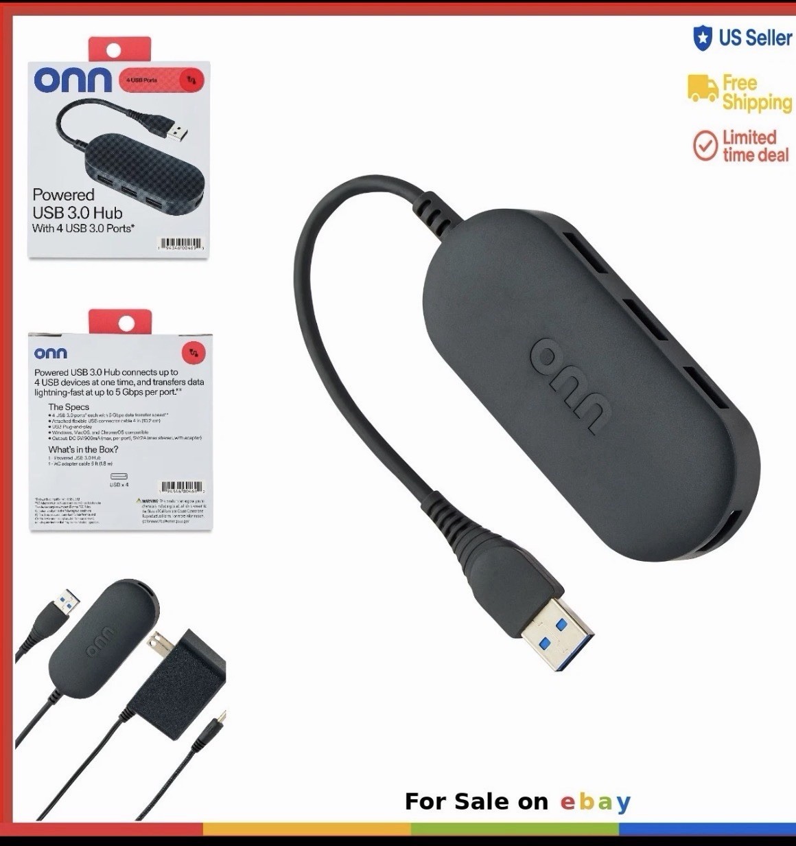 USB 3.0 Hub 4 Port Data Transfer 5 Gbps Plug and Play Cable Included for Laptop