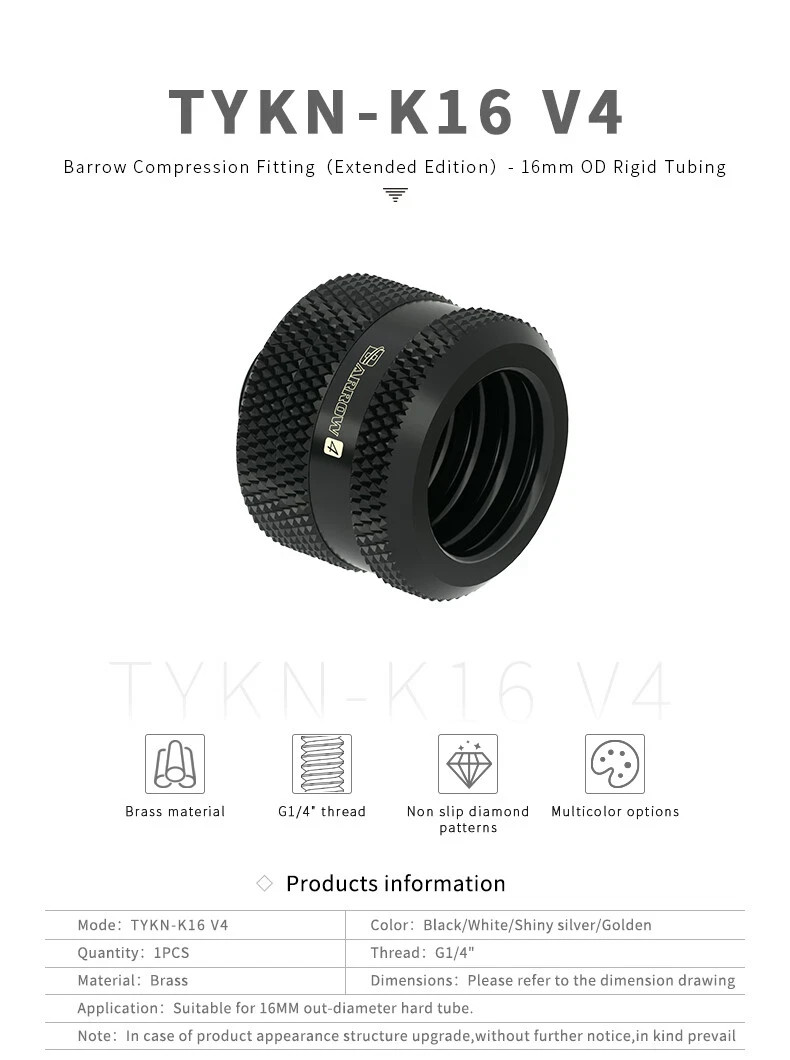 4 Pcs Barrow G1/4″ Compression Fitting For 16mm OD Rigid Tube TYKN-K16 V4 #1607