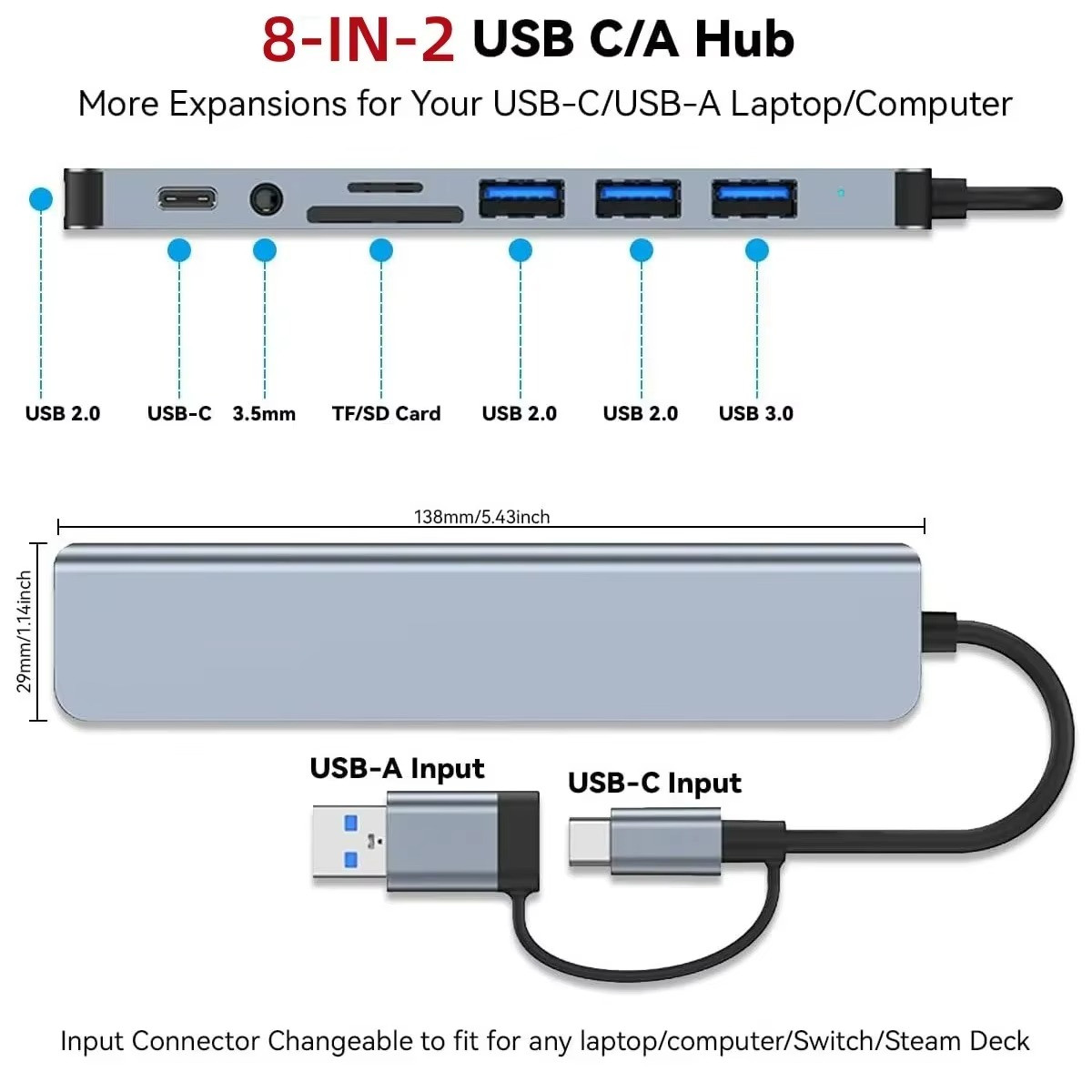 8-in-2 USB + Type C Hub Docking Station with Audio Jack & SD Card Reader Adapter