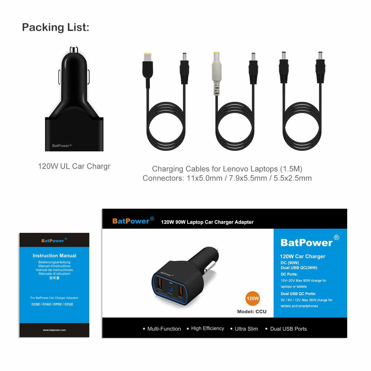 BatPower 120W Car Charger for Lenovo ThinkPad Laptop Notebook Smartphone
